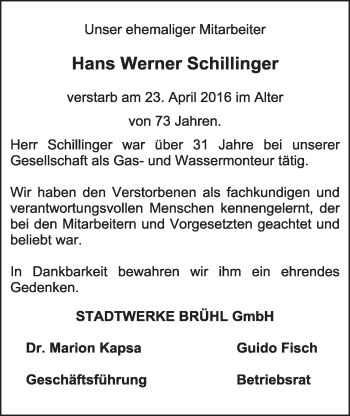 Anzeige von Hans Werner Schillinger von  Schlossbote/Werbekurier 