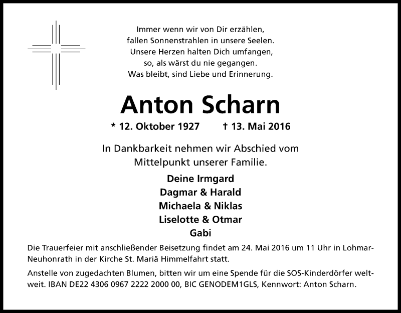  Traueranzeige für Anton Scharn vom 18.05.2016 aus Kölner Stadt-Anzeiger / Kölnische Rundschau / Express