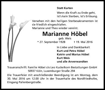 Anzeige von Marianne Höbel von Kölner Stadt-Anzeiger / Kölnische Rundschau / Express