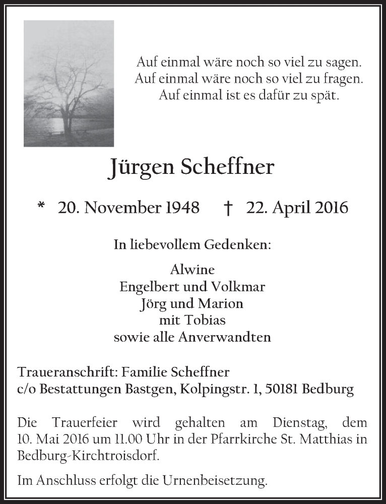  Traueranzeige für Jürgen Scheffner vom 04.05.2016 aus  Werbepost 