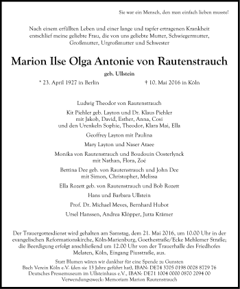 Anzeige von Marion Ilse Olga Antonie von Rautenstrauch von Kölner Stadt-Anzeiger / Kölnische Rundschau / Express