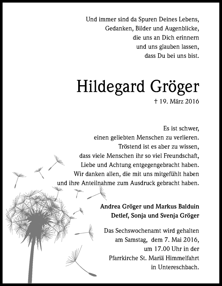  Traueranzeige für Hildegard Gröger vom 30.04.2016 aus Kölner Stadt-Anzeiger / Kölnische Rundschau / Express
