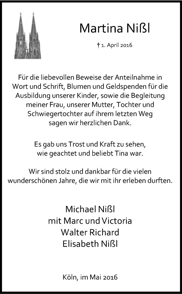  Traueranzeige für Martina Nißl vom 28.05.2016 aus Kölner Stadt-Anzeiger / Kölnische Rundschau / Express
