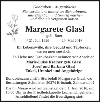Anzeige von Margarete Glasl von Kölner Stadt-Anzeiger / Kölnische Rundschau / Express