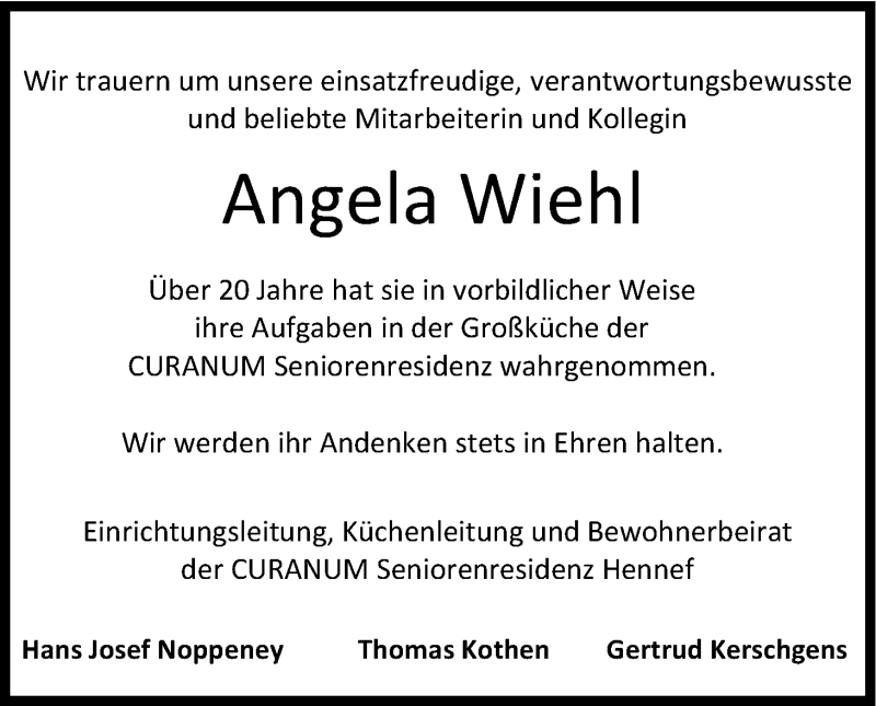  Traueranzeige für Angela Wiehl vom 14.05.2016 aus Kölner Stadt-Anzeiger / Kölnische Rundschau / Express