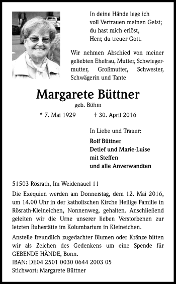 Anzeige von Margarete Büttner von Kölner Stadt-Anzeiger / Kölnische Rundschau / Express