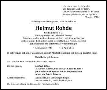 Anzeige von Helmut Rohde von Kölner Stadt-Anzeiger / Kölnische Rundschau / Express
