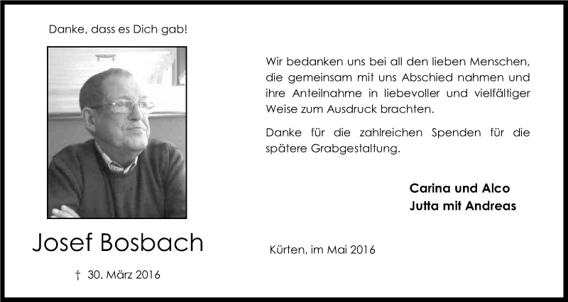  Traueranzeige für Josef Bosbach vom 04.05.2016 aus Kölner Stadt-Anzeiger / Kölnische Rundschau / Express