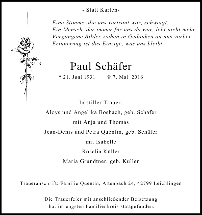  Traueranzeige für Paul Schäfer vom 21.05.2016 aus Kölner Stadt-Anzeiger / Kölnische Rundschau / Express