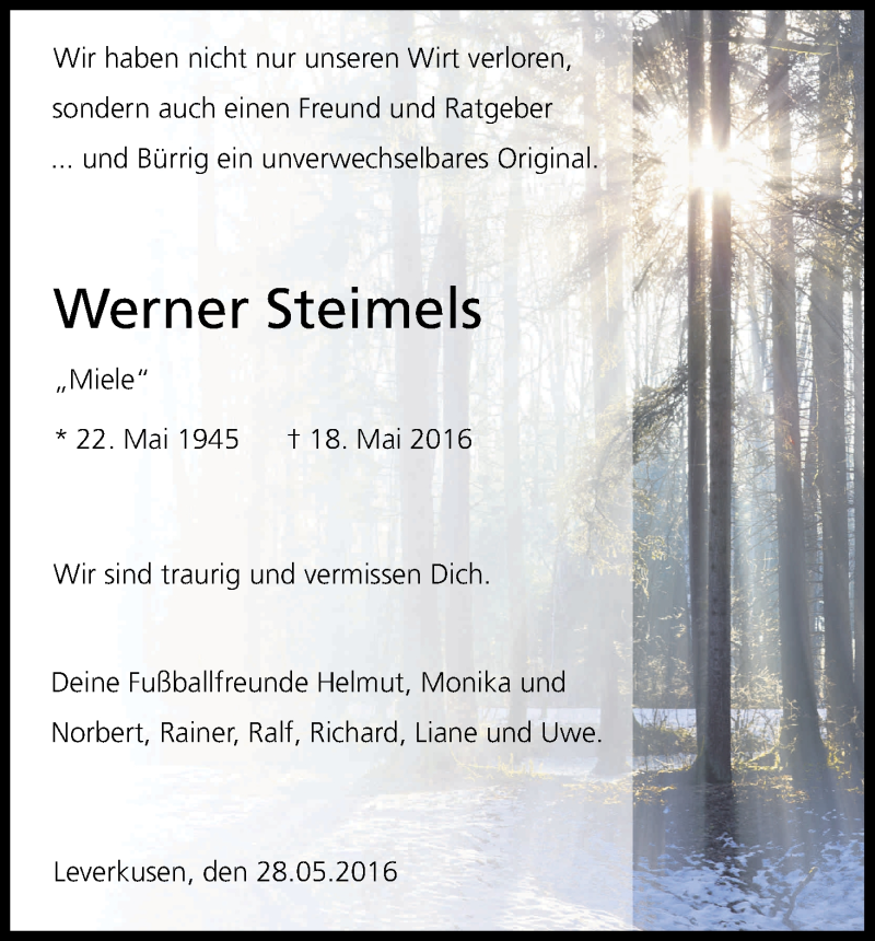  Traueranzeige für Werner Steimels vom 28.05.2016 aus Kölner Stadt-Anzeiger / Kölnische Rundschau / Express