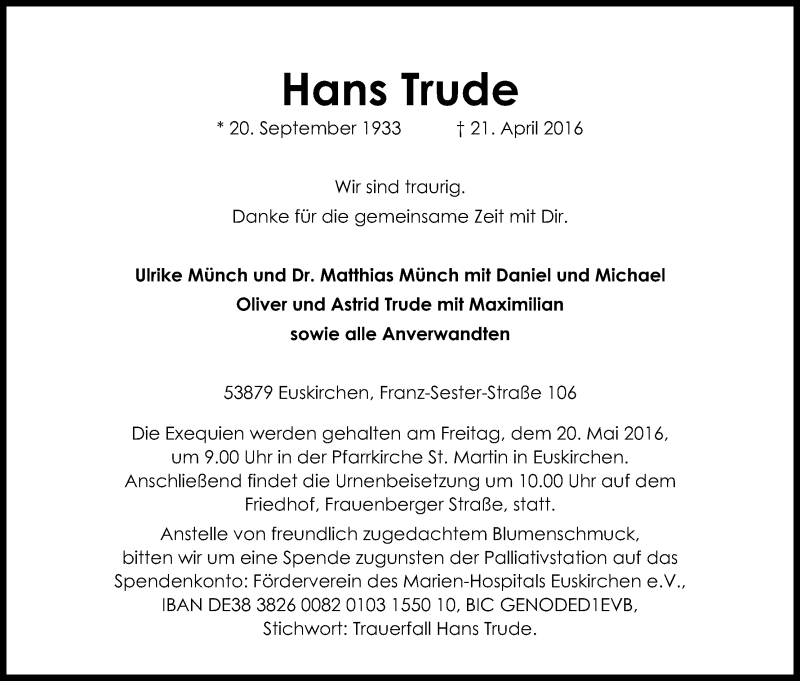  Traueranzeige für Hans Trude vom 07.05.2016 aus Kölner Stadt-Anzeiger / Kölnische Rundschau / Express