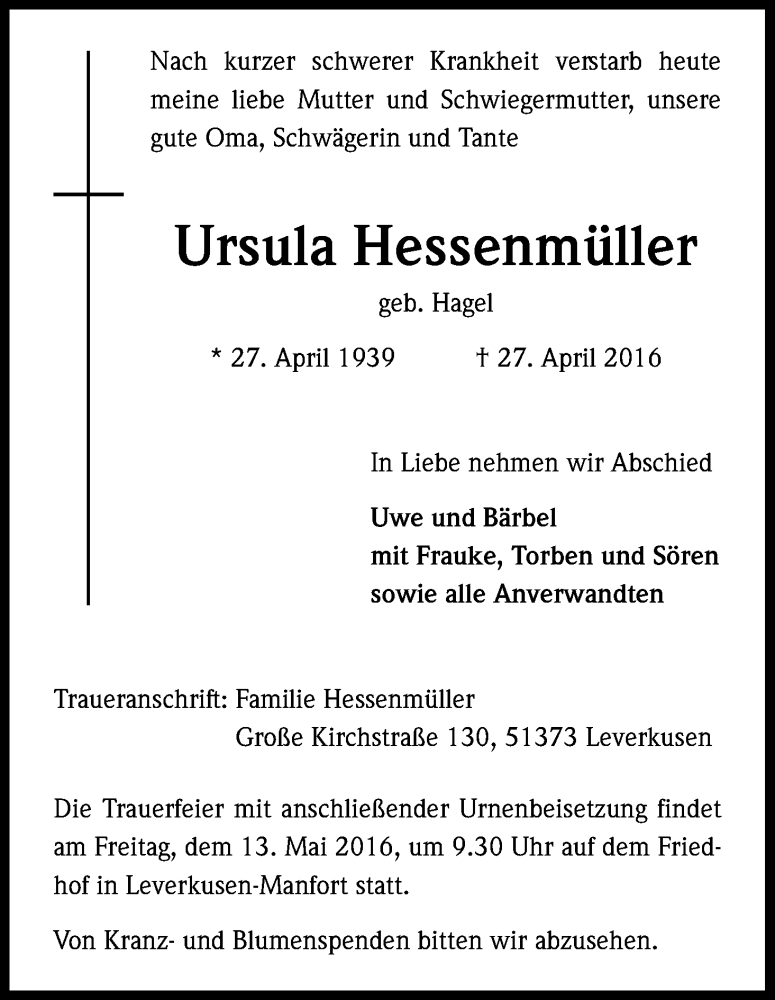  Traueranzeige für Ursula Hessenmüller vom 07.05.2016 aus Kölner Stadt-Anzeiger / Kölnische Rundschau / Express
