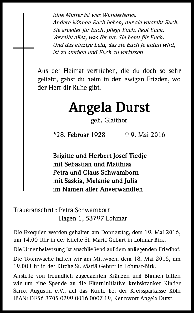  Traueranzeige für Angela Durst vom 14.05.2016 aus Kölner Stadt-Anzeiger / Kölnische Rundschau / Express