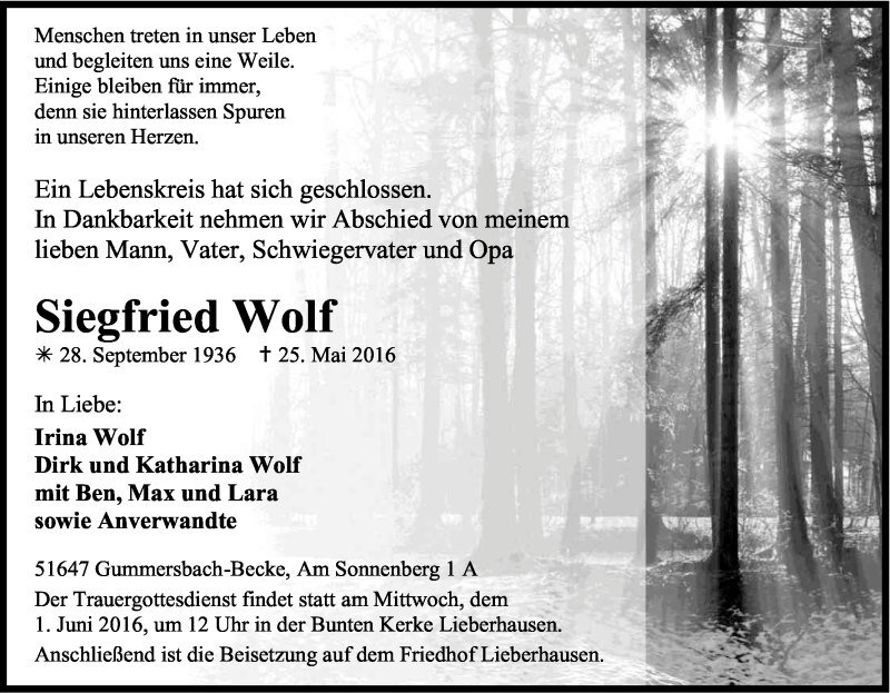  Traueranzeige für Siegfried Wolf vom 28.05.2016 aus Kölner Stadt-Anzeiger / Kölnische Rundschau / Express