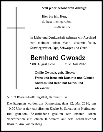 Anzeige von Bernhard Gwosdz von Kölner Stadt-Anzeiger / Kölnische Rundschau / Express
