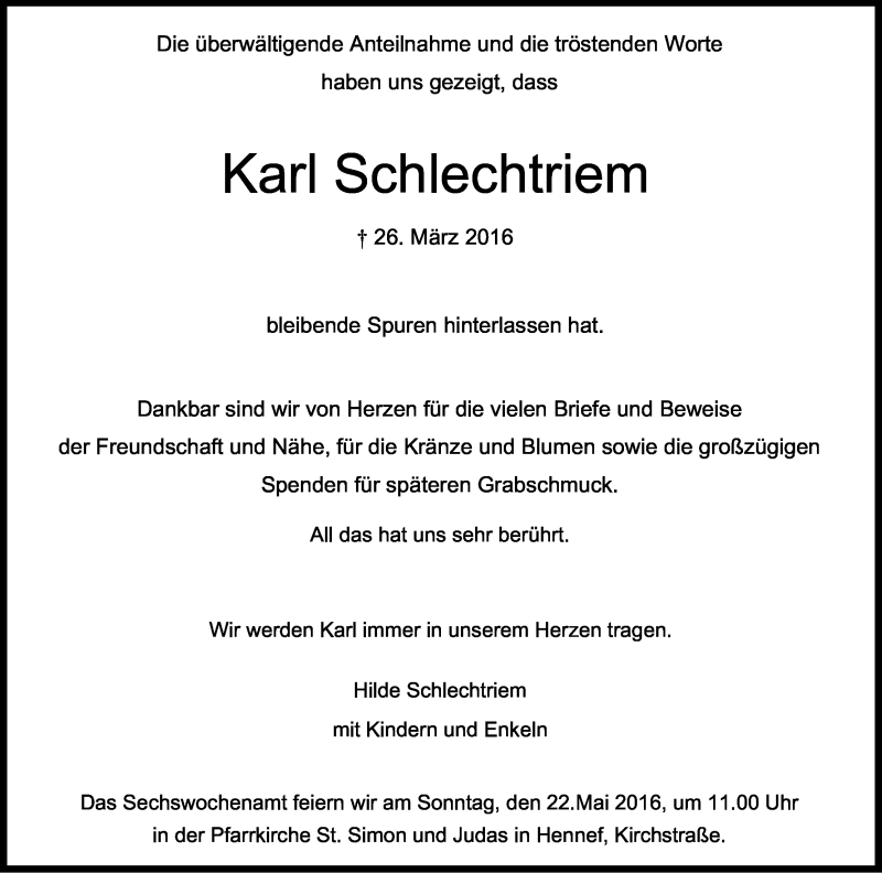  Traueranzeige für Karl Schlechtriem vom 30.04.2016 aus Kölner Stadt-Anzeiger / Kölnische Rundschau / Express