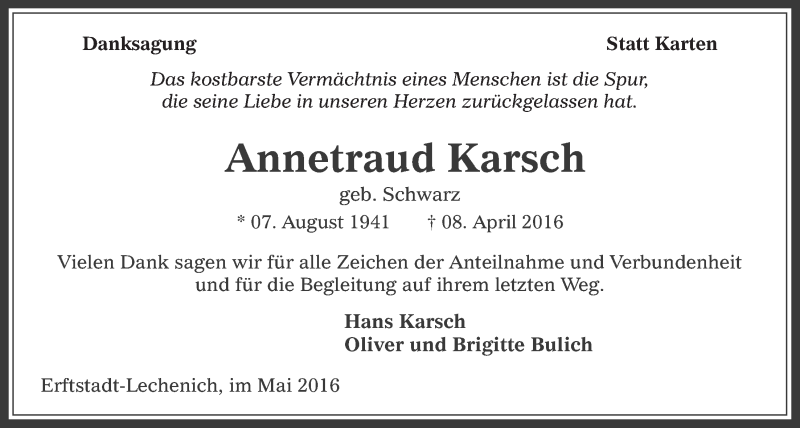  Traueranzeige für Annetraud Karsch vom 04.05.2016 aus  Werbepost 