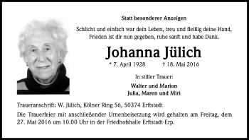 Anzeige von Johanna Jülich von Kölner Stadt-Anzeiger / Kölnische Rundschau / Express