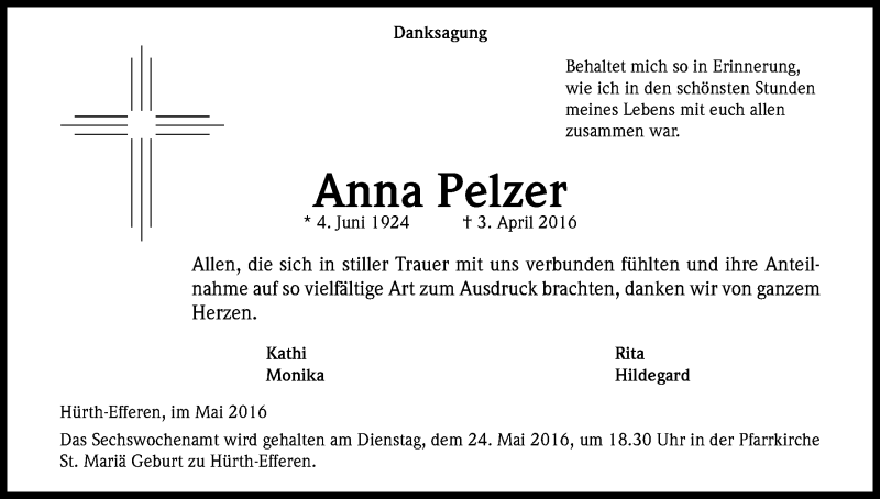  Traueranzeige für Anna Pelzer vom 04.05.2016 aus Kölner Stadt-Anzeiger / Kölnische Rundschau / Express
