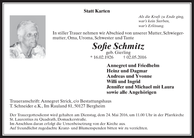  Traueranzeige für Sofie Schmitz vom 18.05.2016 aus  Werbepost 
