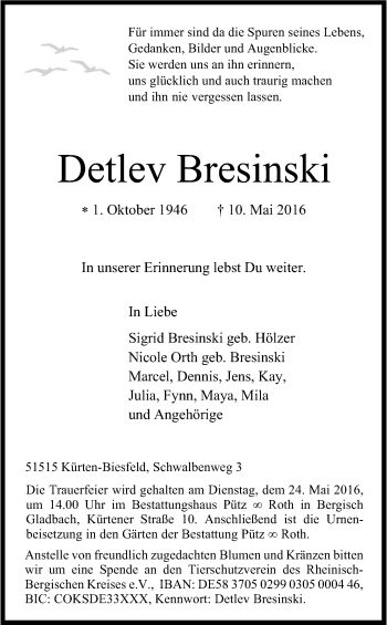 Anzeige von Detlev Bresinski von Kölner Stadt-Anzeiger / Kölnische Rundschau / Express