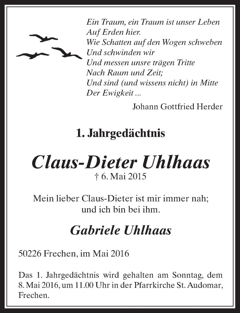  Traueranzeige für Claus-Dieter Uhlhaas vom 04.05.2016 aus  Wochenende 