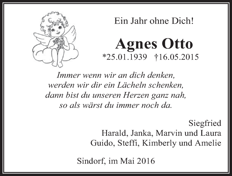  Traueranzeige für Agnes Otto vom 11.05.2016 aus  Werbepost 