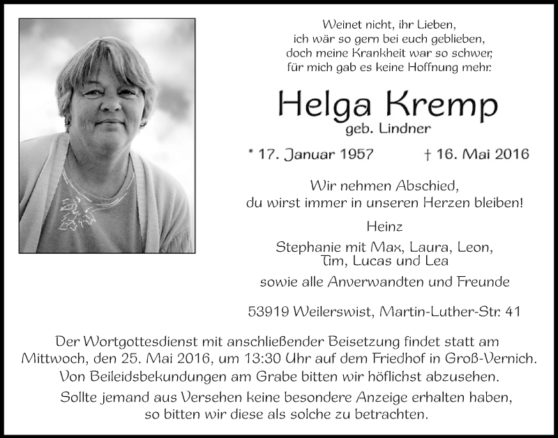  Traueranzeige für Helga Kremp vom 21.05.2016 aus  Blickpunkt Euskirchen 