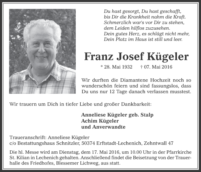  Traueranzeige für Franz Josef Kügeler vom 11.05.2016 aus  Werbepost 