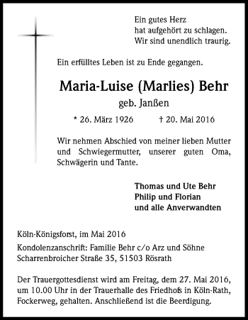 Anzeige von Maria-Luise Behr von Kölner Stadt-Anzeiger / Kölnische Rundschau / Express