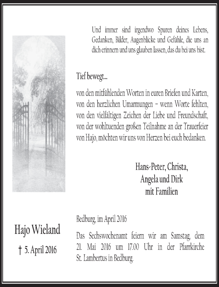  Traueranzeige für Hajo Wieland vom 21.05.2016 aus  Sonntags-Post 