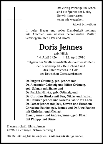 Anzeige von Doris Jennes von Kölner Stadt-Anzeiger / Kölnische Rundschau / Express