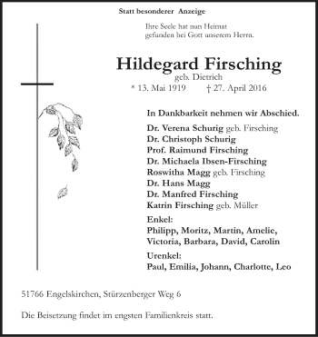 Anzeige von Hildegard Firsching von Kölner Stadt-Anzeiger / Kölnische Rundschau / Express