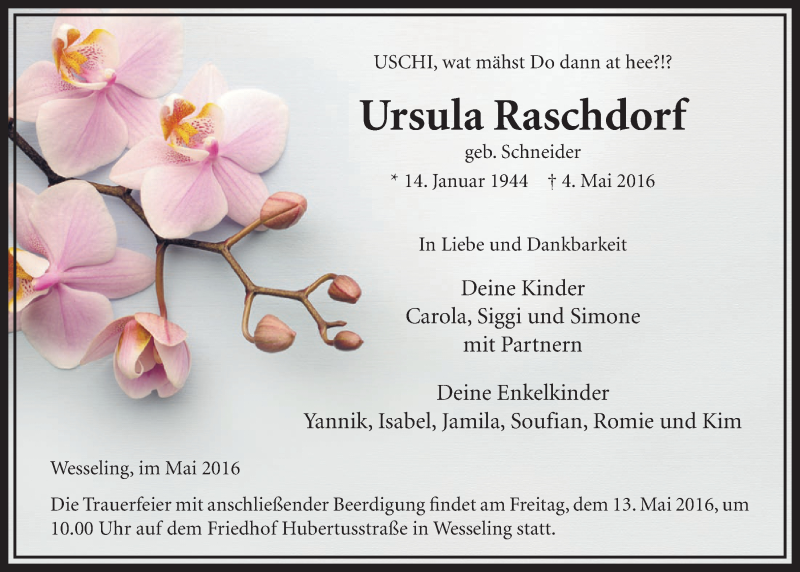  Traueranzeige für Ursula Raschdorf vom 11.05.2016 aus  Schlossbote/Werbekurier 