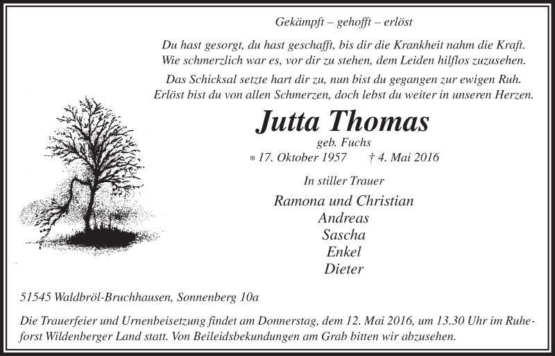  Traueranzeige für Jutta Thomas vom 11.05.2016 aus  Lokalanzeiger 