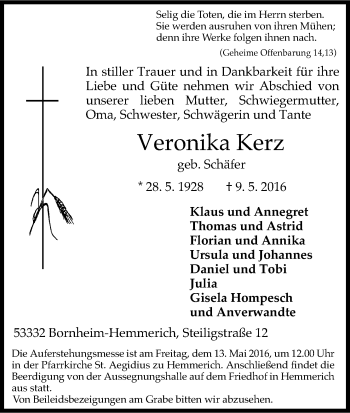 Anzeige von Veronika Kerz von Kölner Stadt-Anzeiger / Kölnische Rundschau / Express