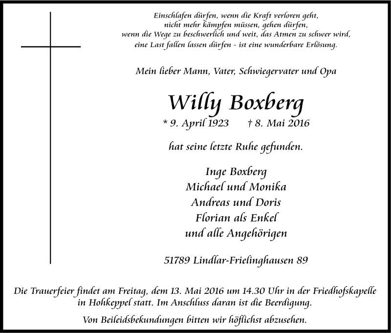  Traueranzeige für Willy Boxberg vom 10.05.2016 aus Kölner Stadt-Anzeiger / Kölnische Rundschau / Express