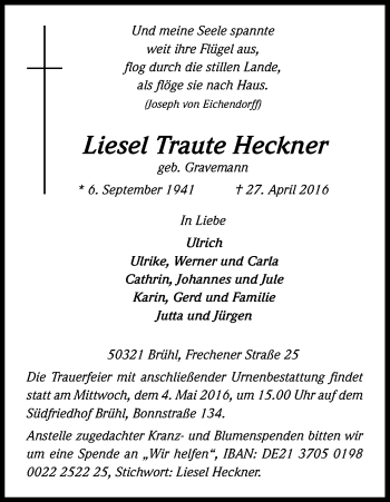 Anzeige von Liesel Traute Heckner von Kölner Stadt-Anzeiger / Kölnische Rundschau / Express