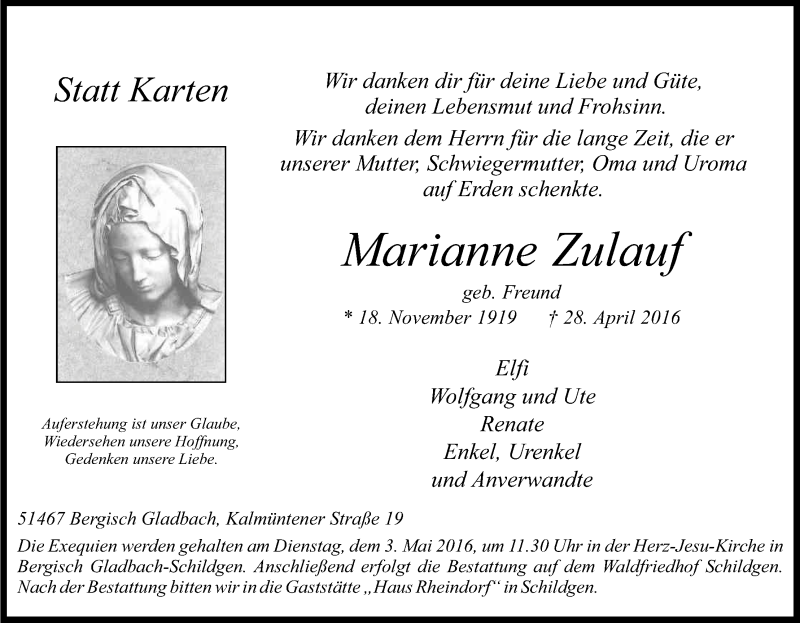  Traueranzeige für Marianne Zulauf vom 30.04.2016 aus Kölner Stadt-Anzeiger / Kölnische Rundschau / Express