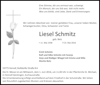 Anzeige von Liesel Schmitz von Kölner Stadt-Anzeiger / Kölnische Rundschau / Express