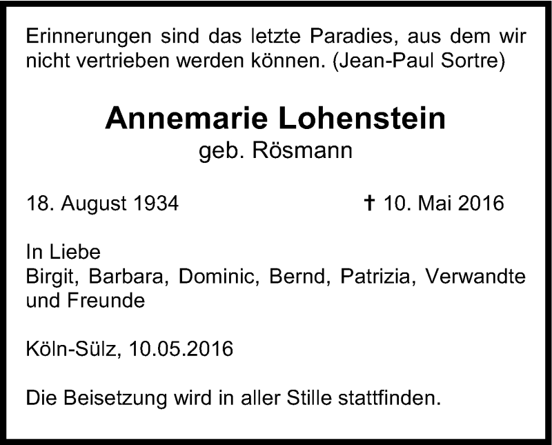  Traueranzeige für Annemarie Lohenstein vom 14.05.2016 aus Kölner Stadt-Anzeiger / Kölnische Rundschau / Express