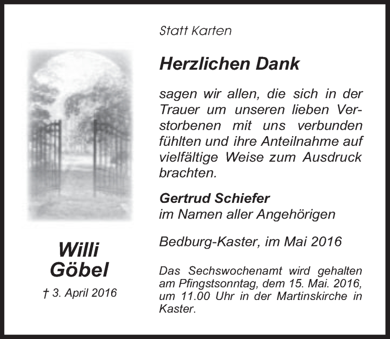  Traueranzeige für Willi Göbel vom 11.05.2016 aus  Werbepost 