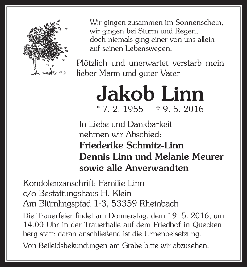  Traueranzeige für Jakob Linn vom 18.05.2016 aus  Schaufenster/Blickpunkt 