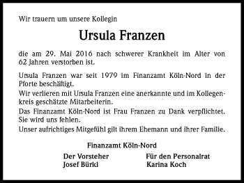 Anzeige von Ursula Franzen von Kölner Stadt-Anzeiger / Kölnische Rundschau / Express
