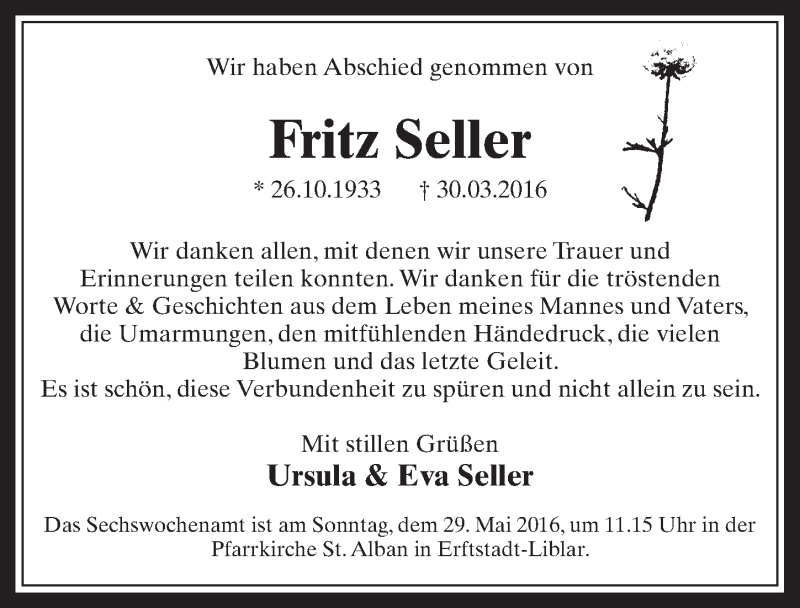  Traueranzeige für Fritz Seller vom 25.05.2016 aus  Werbepost 