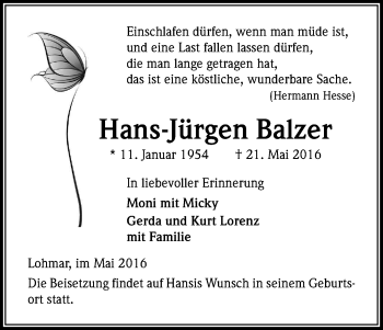 Anzeige von Hans-Jürgen Balzer von Kölner Stadt-Anzeiger / Kölnische Rundschau / Express
