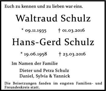 Anzeige von Waltraud und Hans-Gerd Schulz von Kölner Stadt-Anzeiger / Kölnische Rundschau / Express
