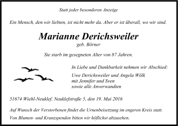 Anzeige von Marianne Derichsweiler von Kölner Stadt-Anzeiger / Kölnische Rundschau / Express
