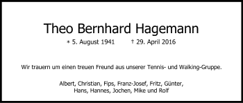 Anzeige von Theo Bernhard Hagemann von Kölner Stadt-Anzeiger / Kölnische Rundschau / Express