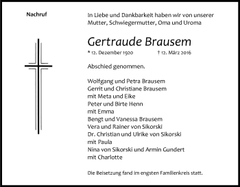 Anzeige von Gertraude Brausem von Kölner Stadt-Anzeiger / Kölnische Rundschau / Express